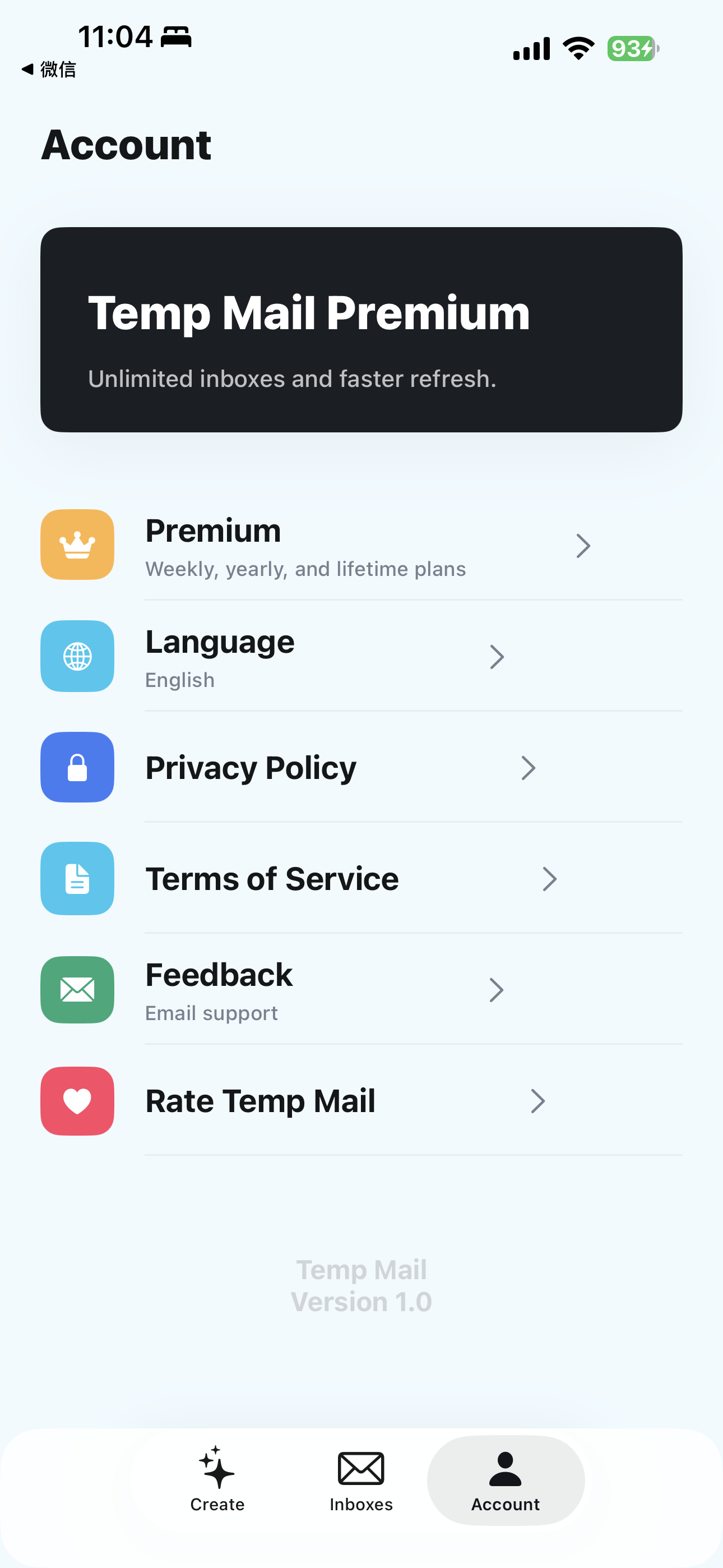 Temp Mail account screen