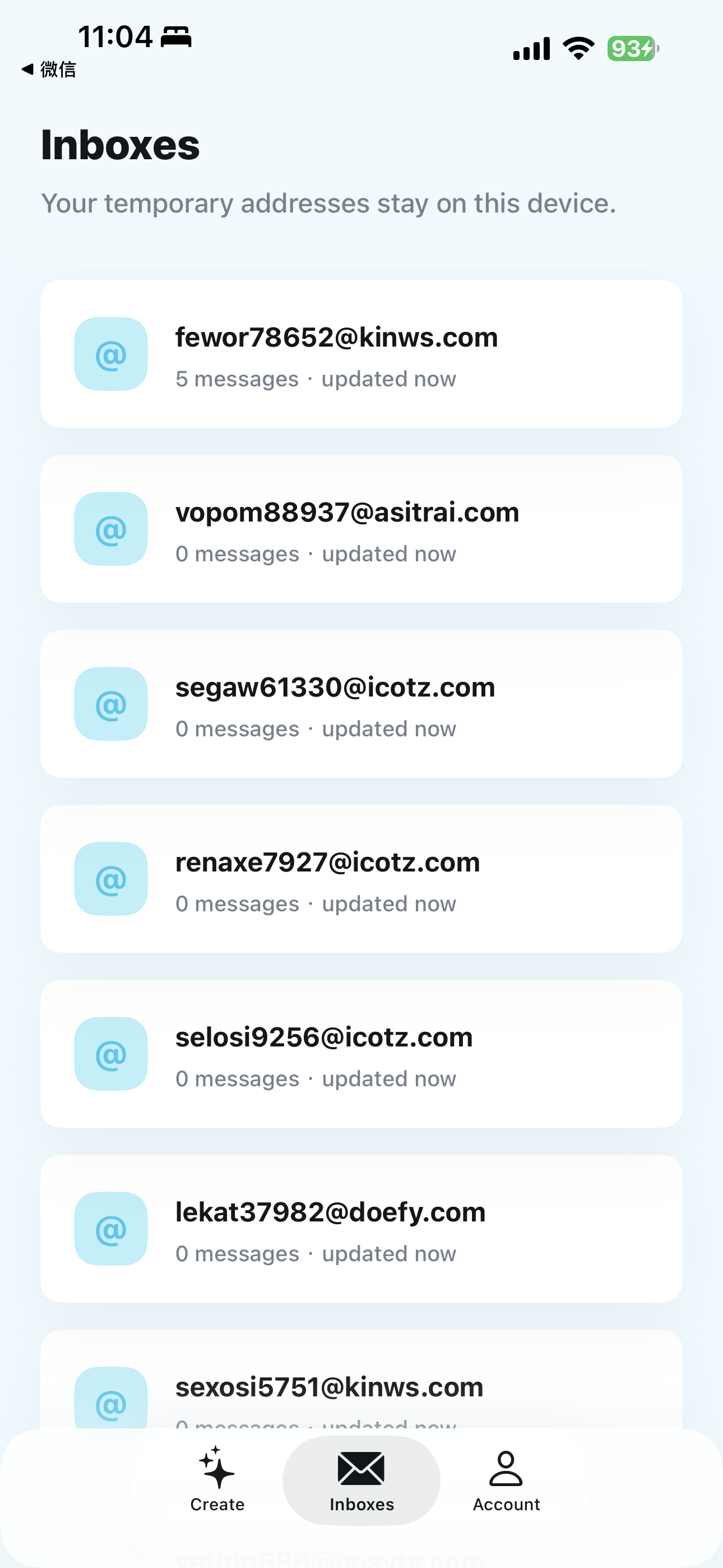 Temp Mail inbox list screen